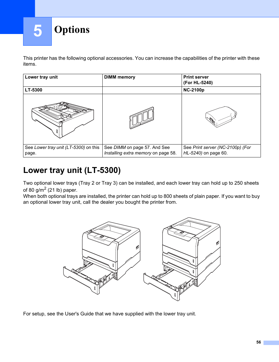 5 options, Lower tray unit (lt-5300), Options | Brother HL-5240 User Manual | Page 64 / 138