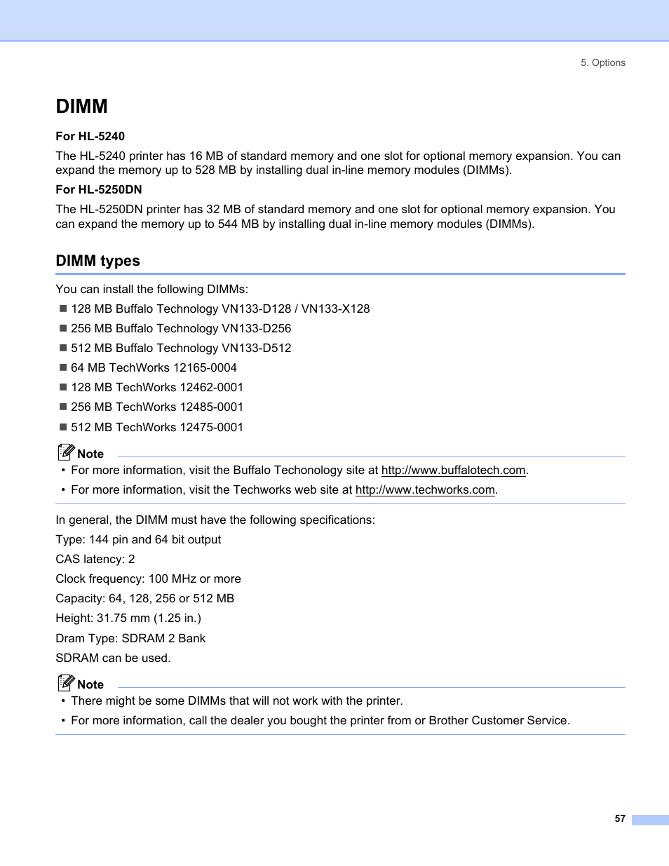 Dimm, Dimm types | Brother HL-5240 User Manual | Page 65 / 138