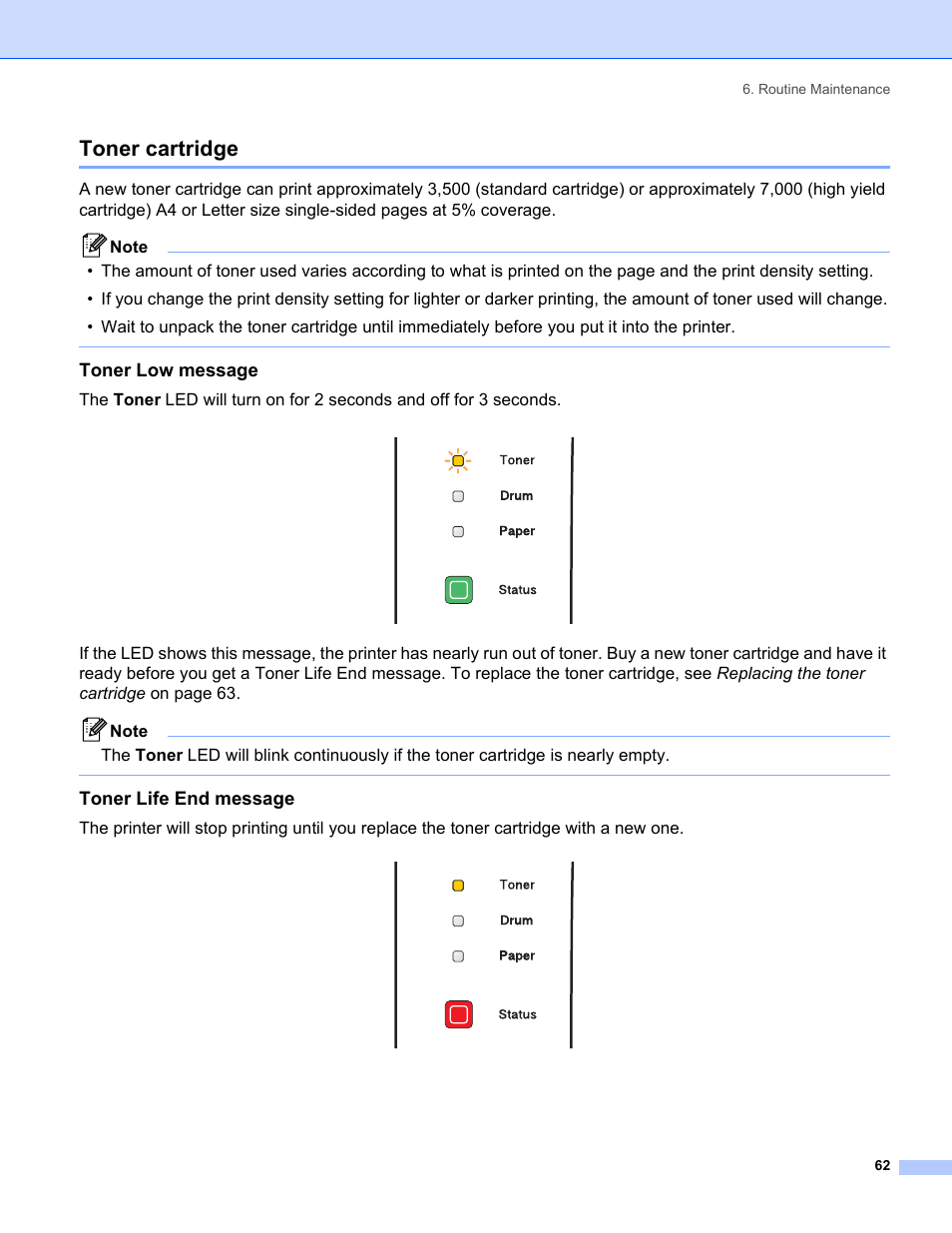 Toner cartridge, Toner low message, Toner life end message | Brother HL-5240 User Manual | Page 70 / 138