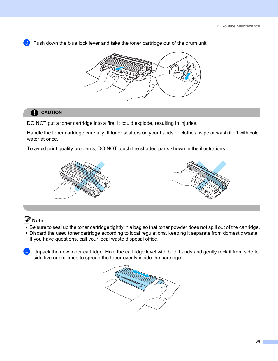 Caution, Routine maintenance 64 | Brother HL-5240 User Manual | Page 72 / 138