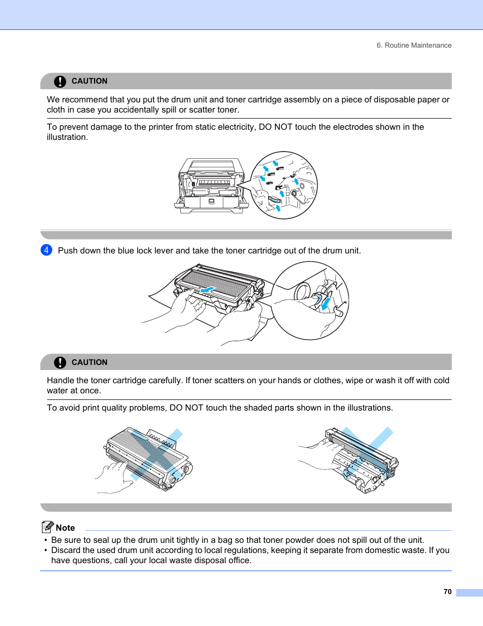 Caution, Routine maintenance 70 | Brother HL-5240 User Manual | Page 78 / 138