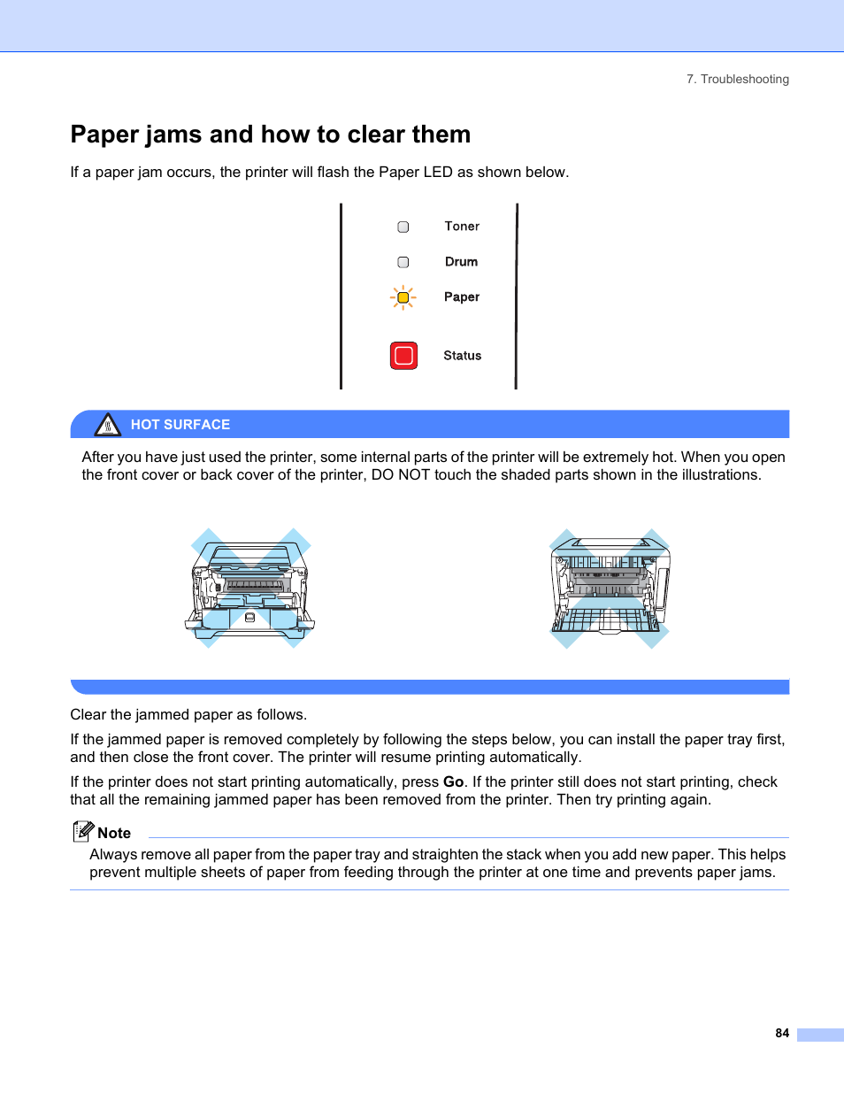 Paper jams and how to clear them, Hot surface | Brother HL-5240 User Manual | Page 92 / 138