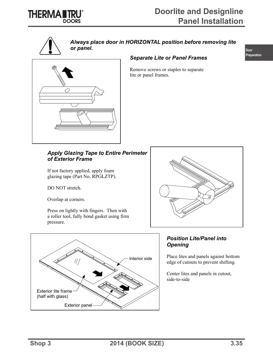 Doorlite and designline panel installation | Therma-Tru SHOP 3 Door Preparation - Book Size User Manual | Page 35 / 65