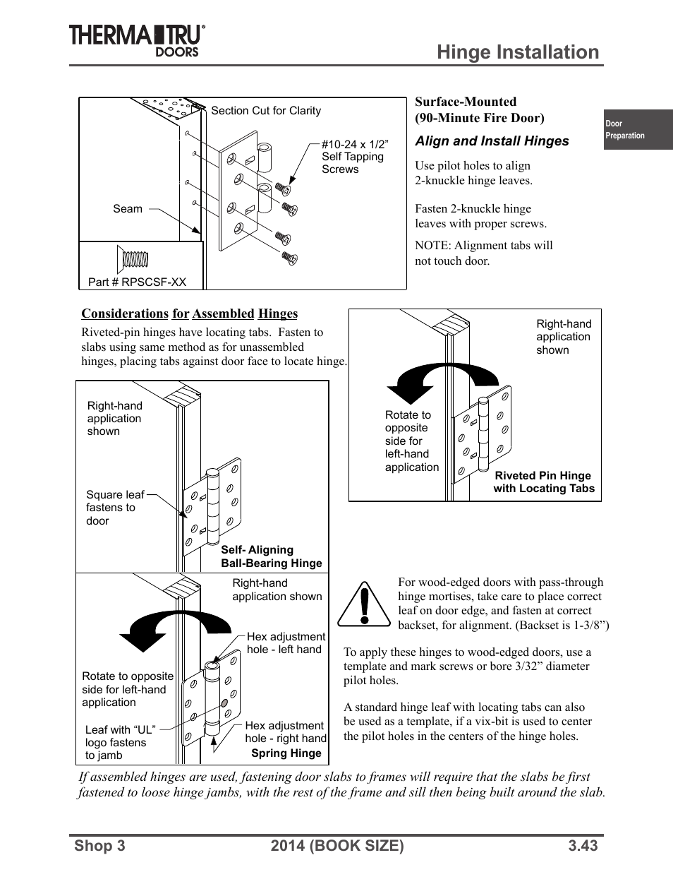 Hinge installation | Therma-Tru SHOP 3 Door Preparation - Book Size User Manual | Page 43 / 65