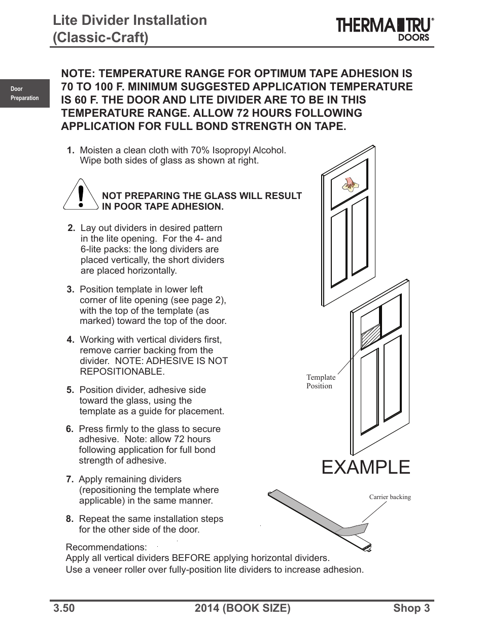 Example, Lite divider installation (classic-craft) | Therma-Tru SHOP 3 Door Preparation - Book Size User Manual | Page 50 / 65
