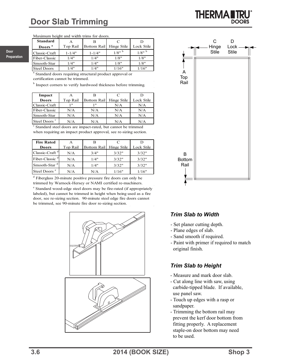 Door slab trimming, Trim slab to height, Trim slab to width | Therma-Tru SHOP 3 Door Preparation - Book Size User Manual | Page 6 / 65