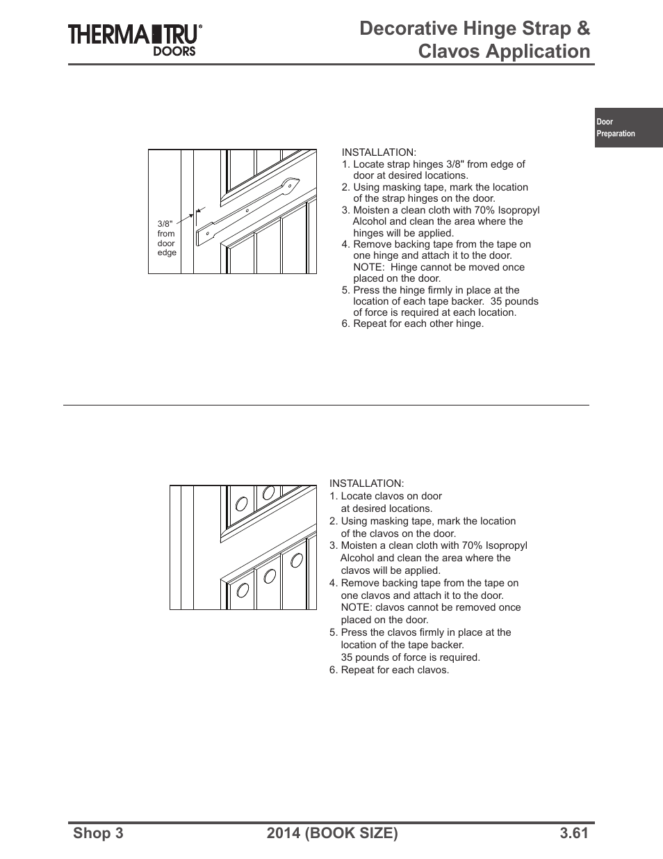 Decorative hinge strap & clavos application | Therma-Tru SHOP 3 Door Preparation - Book Size User Manual | Page 61 / 65