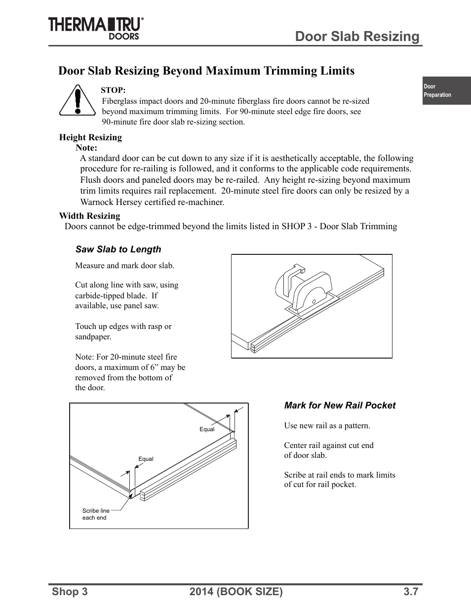Door slab resizing, Door slab resizing beyond maximum trimming limits | Therma-Tru SHOP 3 Door Preparation - Book Size User Manual | Page 7 / 65