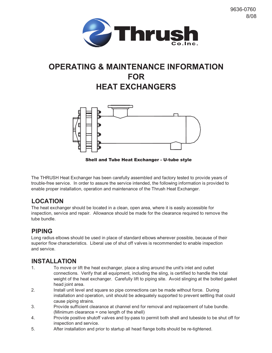 Thrush Double Wall Steam to Water U-Tube Heat Exchanger User Manual | 4 pages