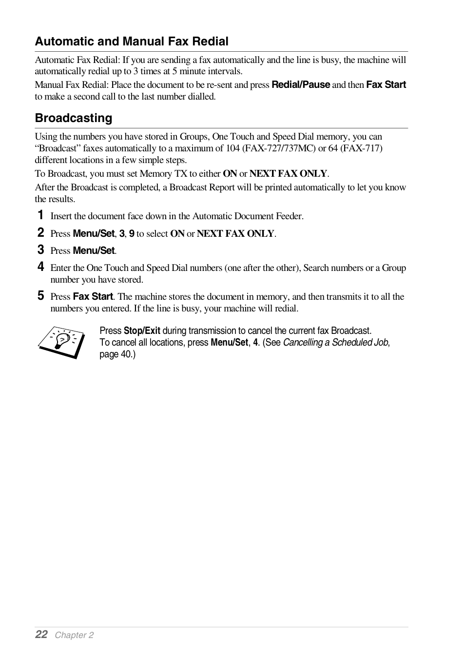 Automatic and manual fax redial, Broadcasting | Brother FAX-727 User Manual | Page 31 / 125