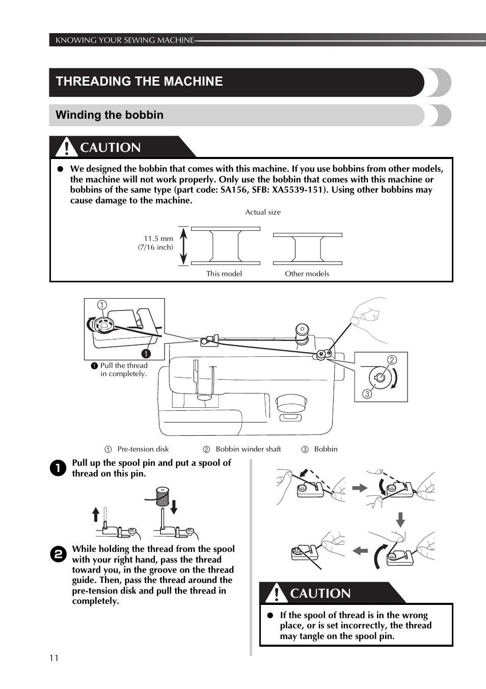 Threading the machine, Winding the bobbin, Caution | Brother 888-X56 User Manual | Page 12 / 40