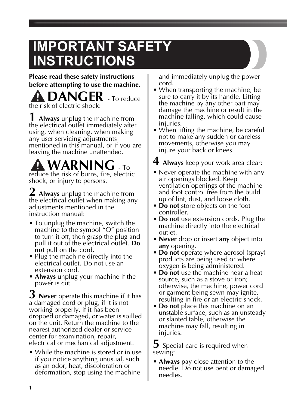 Important safety instructions, Danger, Warning | Brother 888-X56 User Manual | Page 2 / 40