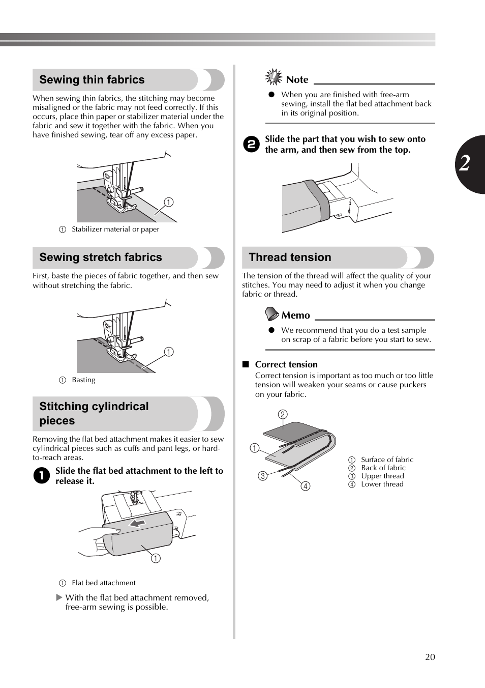 Sewing thin fabrics, Sewing stretch fabrics, Stitching cylindrical pieces | Thread tension | Brother 888-X56 User Manual | Page 21 / 40