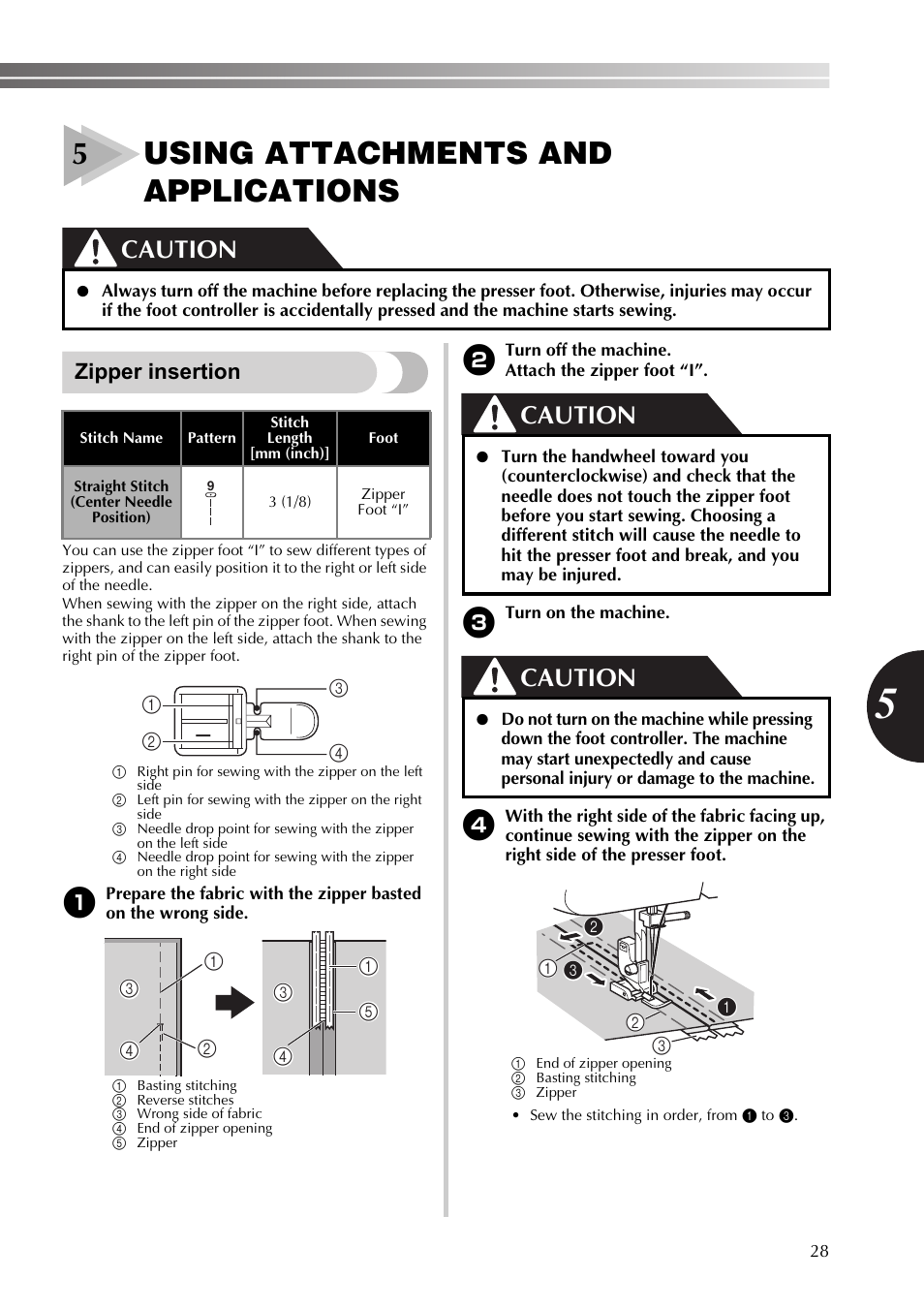 5 using attachments and applications, Zipper insertion, Using attachments and | Applications, 5using attachments and applications, Caution | Brother 888-X56 User Manual | Page 29 / 40