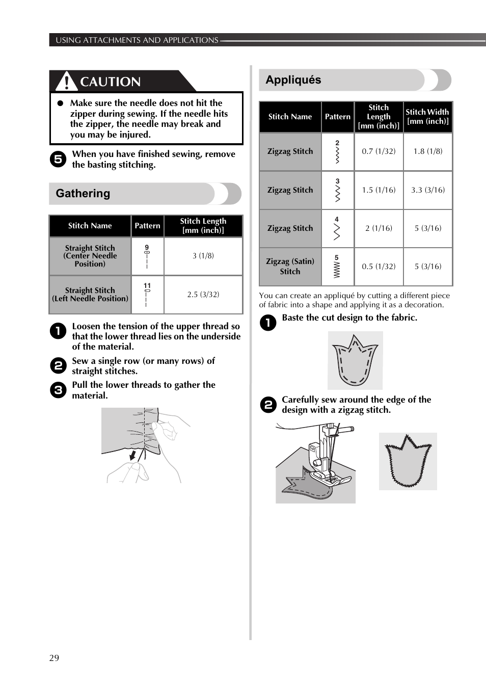 Gathering, Appliqués, Gathering appliqués | Caution | Brother 888-X56 User Manual | Page 30 / 40