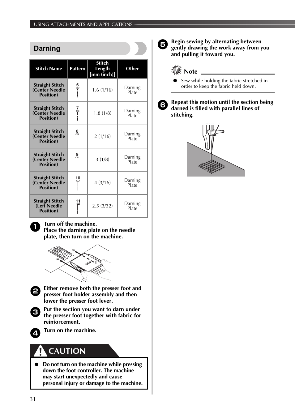 Darning, Caution | Brother 888-X56 User Manual | Page 32 / 40