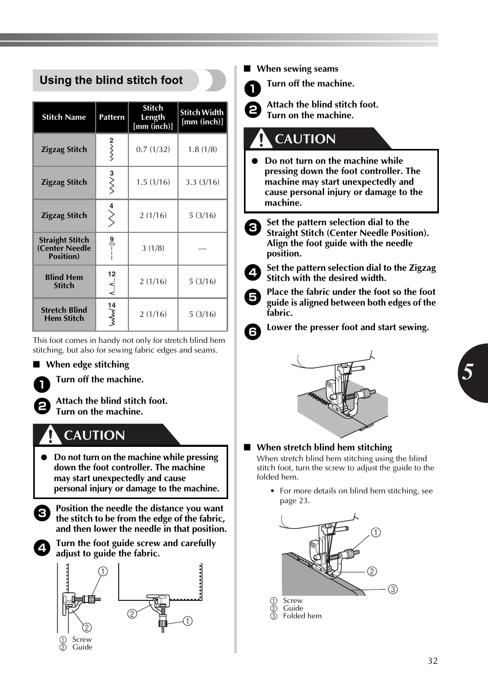 Using the blind stitch foot, Caution | Brother 888-X56 User Manual | Page 33 / 40