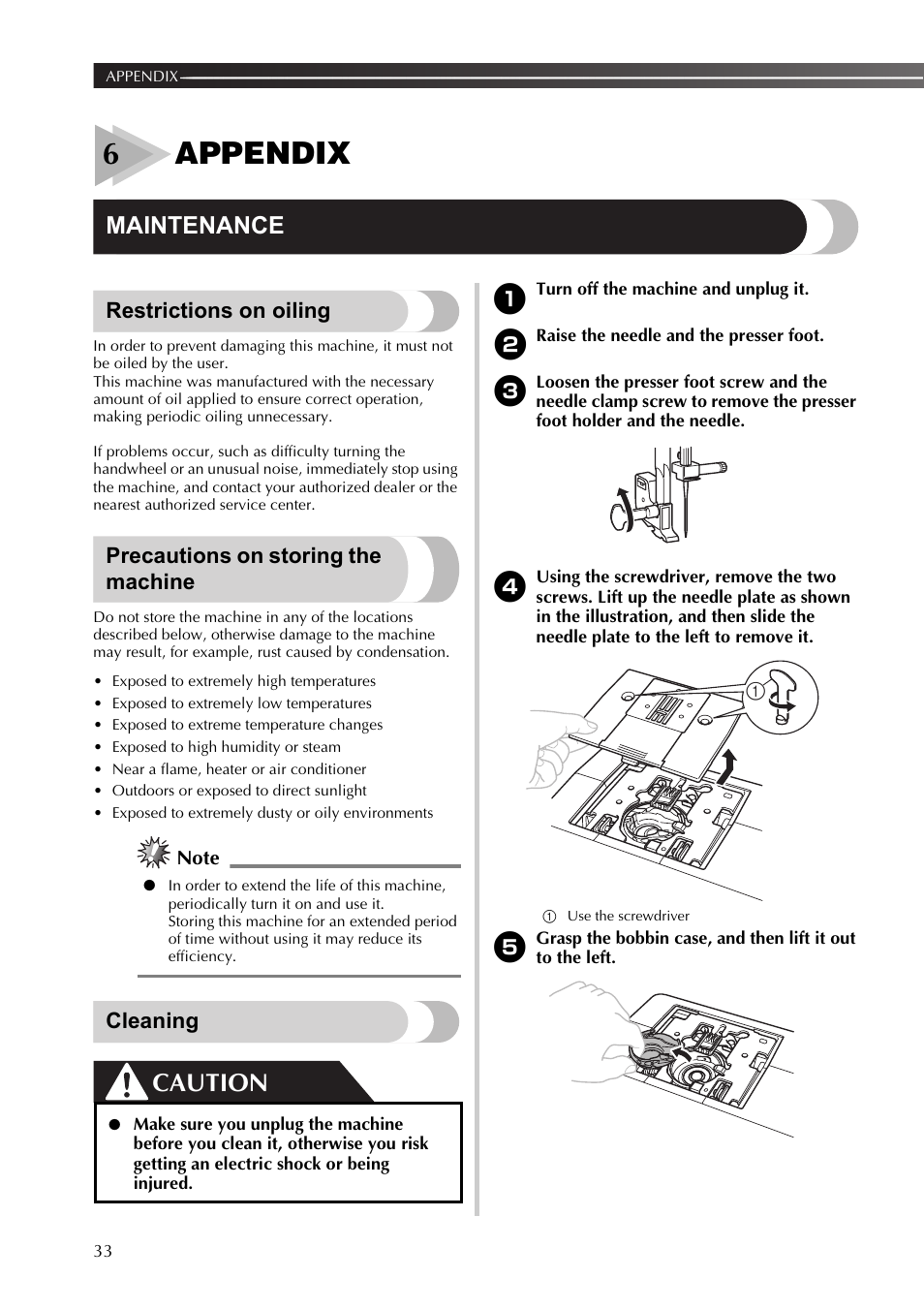 6 appendix, Maintenance, Restrictions on oiling | Precautions on storing the machine, Cleaning, Appendix, 6appendix, Caution | Brother 888-X56 User Manual | Page 34 / 40