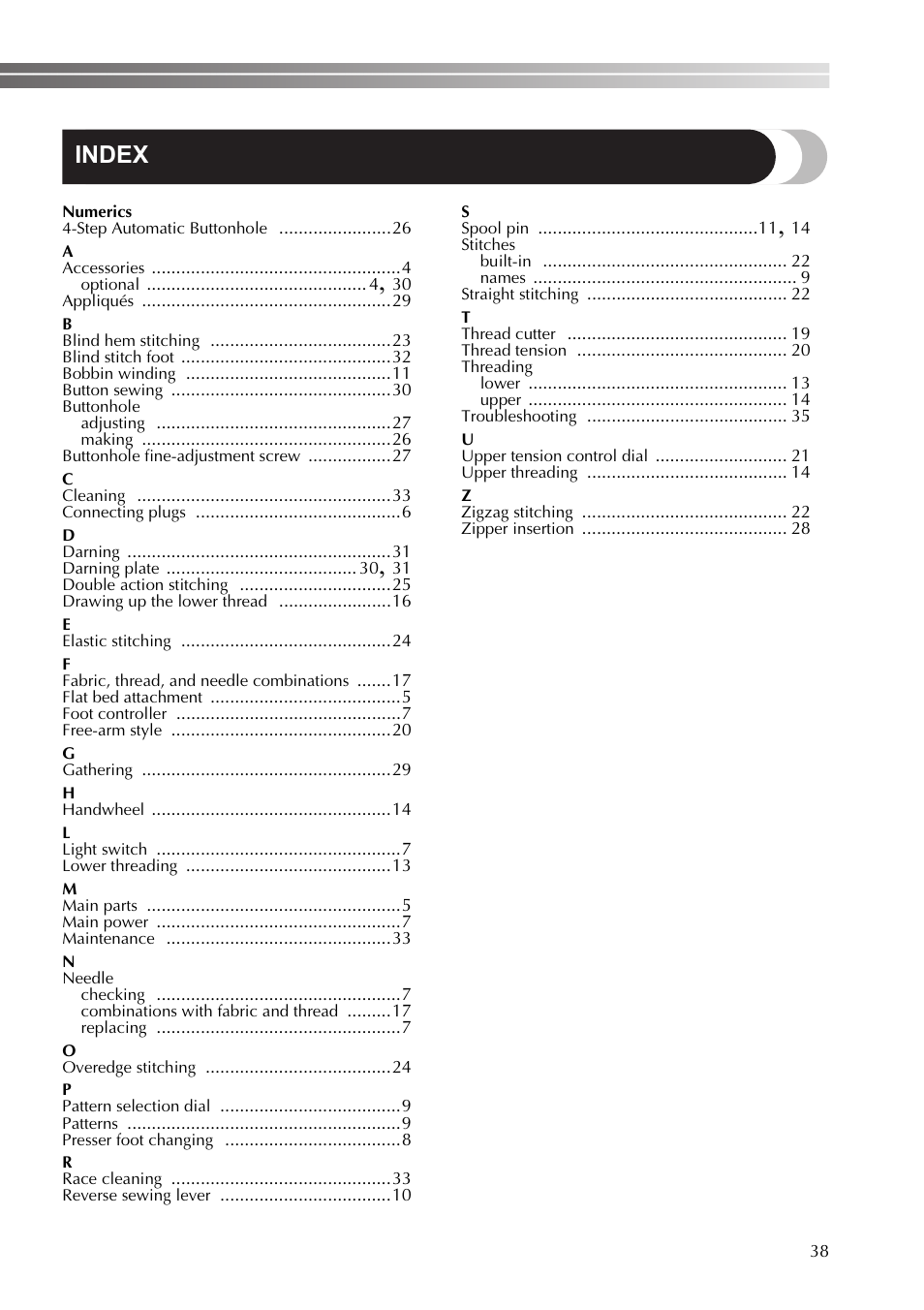 Index | Brother 888-X56 User Manual | Page 39 / 40