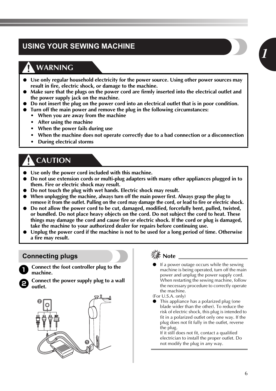 Using your sewing machine, Connecting plugs, Warning caution | Brother 888-X56 User Manual | Page 7 / 40