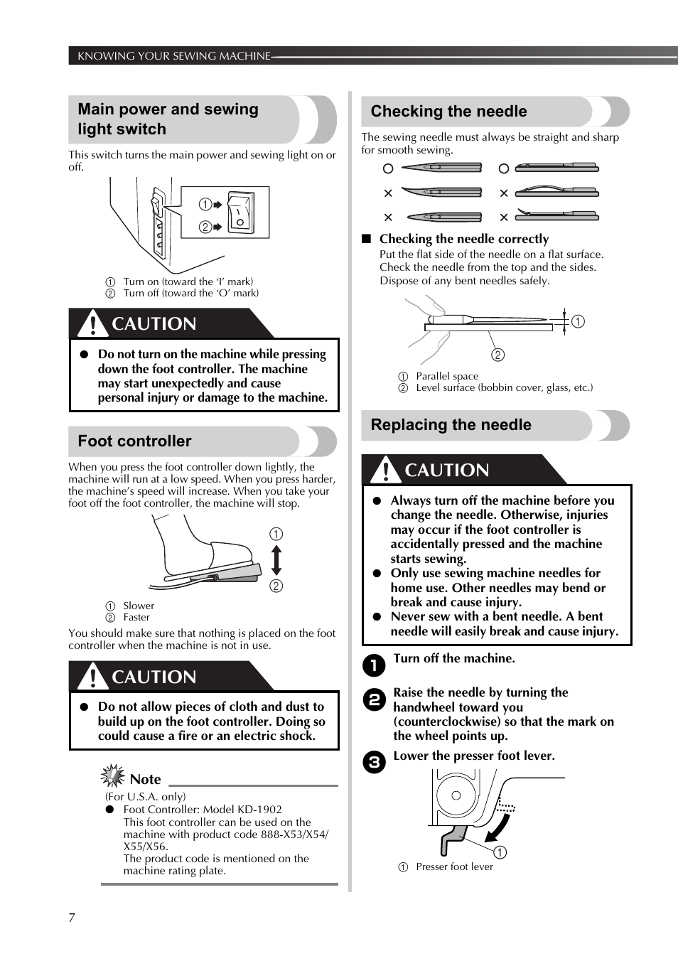 Main power and sewing light switch, Foot controller, Checking the needle | Replacing the needle, Caution | Brother 888-X56 User Manual | Page 8 / 40