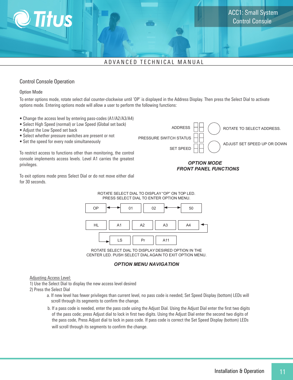 Control console acc1: small system, Installation & operation, Control console operation | Titus ACC1 Small System Console User Manual | Page 11 / 12