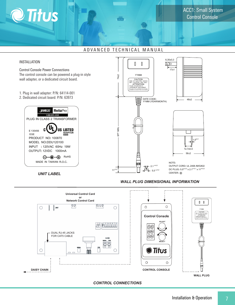 Control console acc1: small system, Installation & operation, Unit label | Plug, Class, Transformer, Product, 60hz | Titus ACC1 Small System Console User Manual | Page 7 / 12