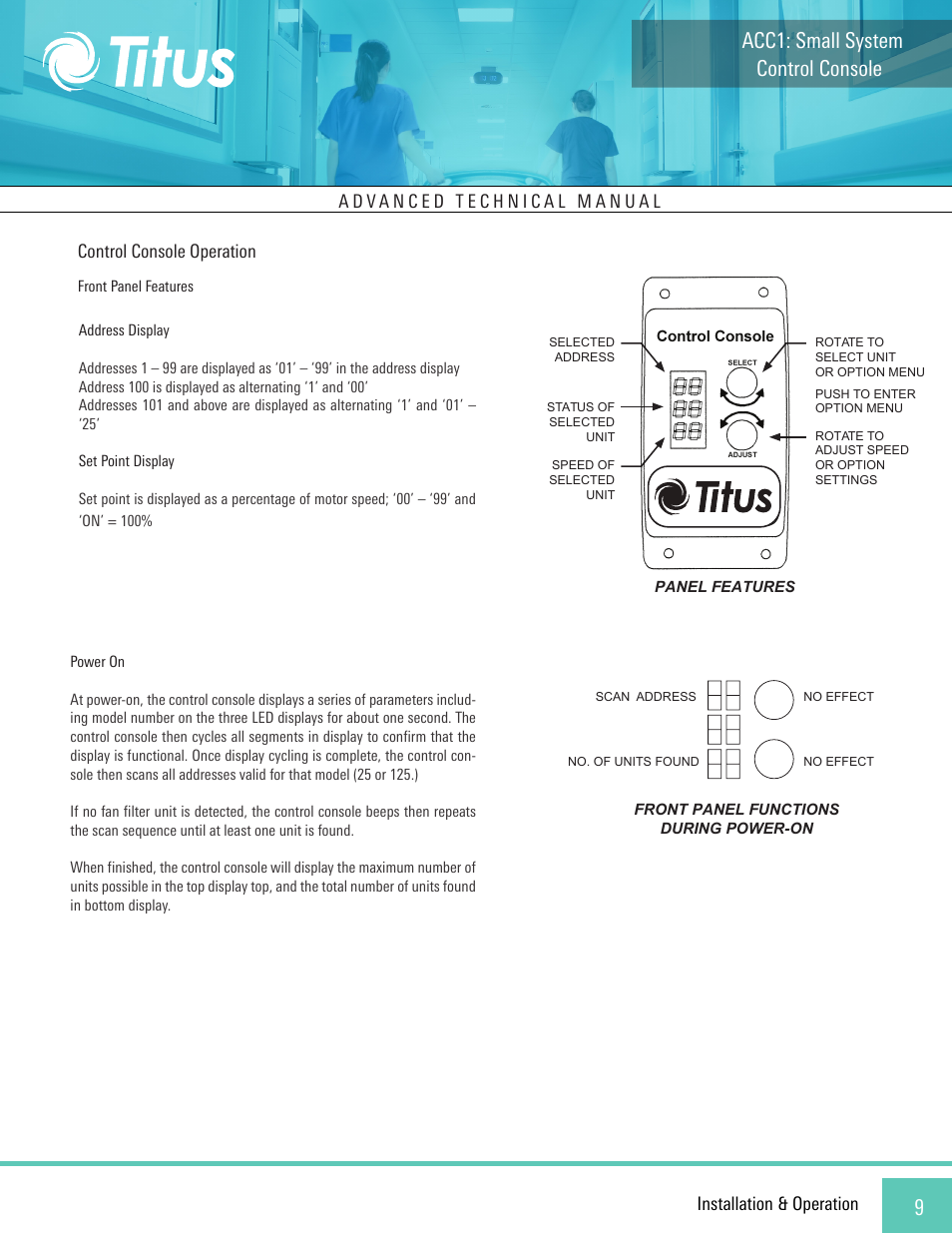 Control console acc1: small system, Installation & operation control console operation | Titus ACC1 Small System Console User Manual | Page 9 / 12