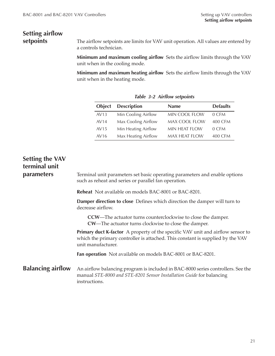 Bac-8001 draft222_25, Setting airflow setpoints, Setting the vav terminal unit parameters | Balancing airflow | Titus Alpha BAC-8001/BAC-8201 Cooling Only User Manual | Page 21 / 21