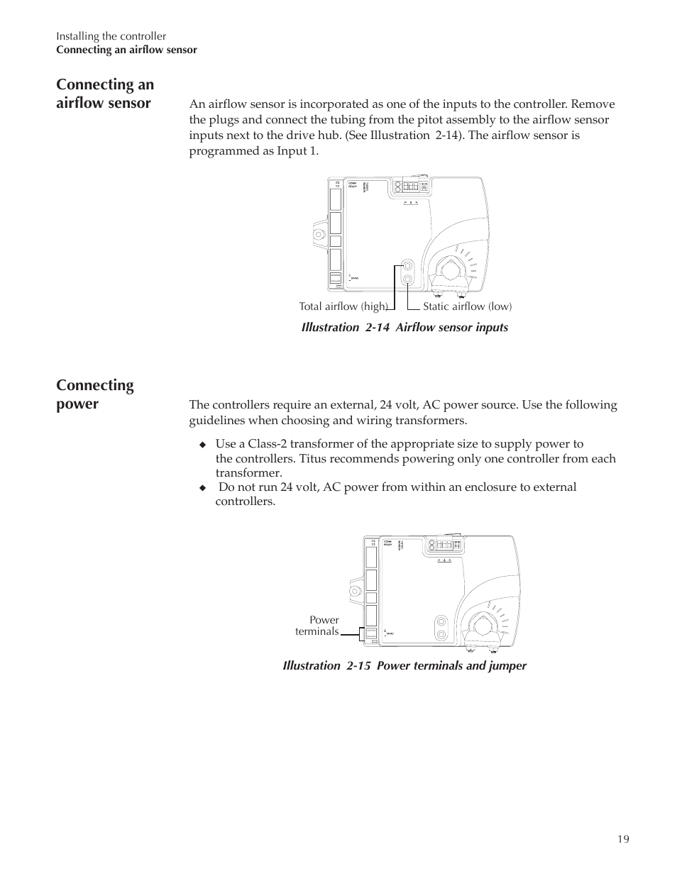 Bac-8007 draft7_22, Connecting an airflow sensor, Connecting power | Titus Alpha BAC-8007/BAC-8207 Dual Duct User Manual | Page 19 / 26