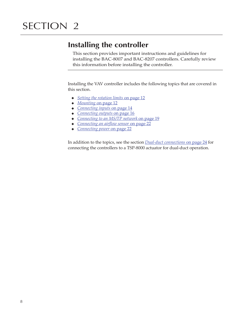 Bac-8007 draft7_11, Installing the controller | Titus Alpha BAC-8007/BAC-8207 Dual Duct User Manual | Page 8 / 26