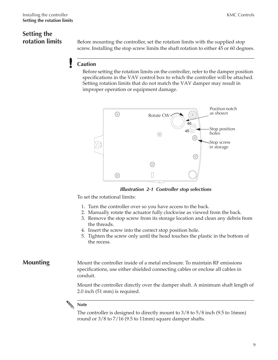 Bac-8007 draft7_12, Setting the rotation limits, Mounting | Titus Alpha BAC-8007/BAC-8207 Dual Duct User Manual | Page 9 / 26