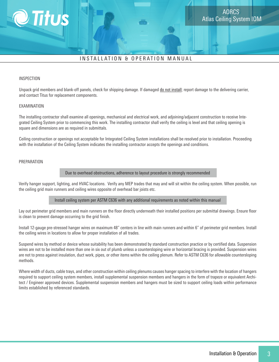 Atlas ceiling system iom, Aorcs | Titus Atlas Operating Room Ceiling System (AORCS) User Manual | Page 3 / 10