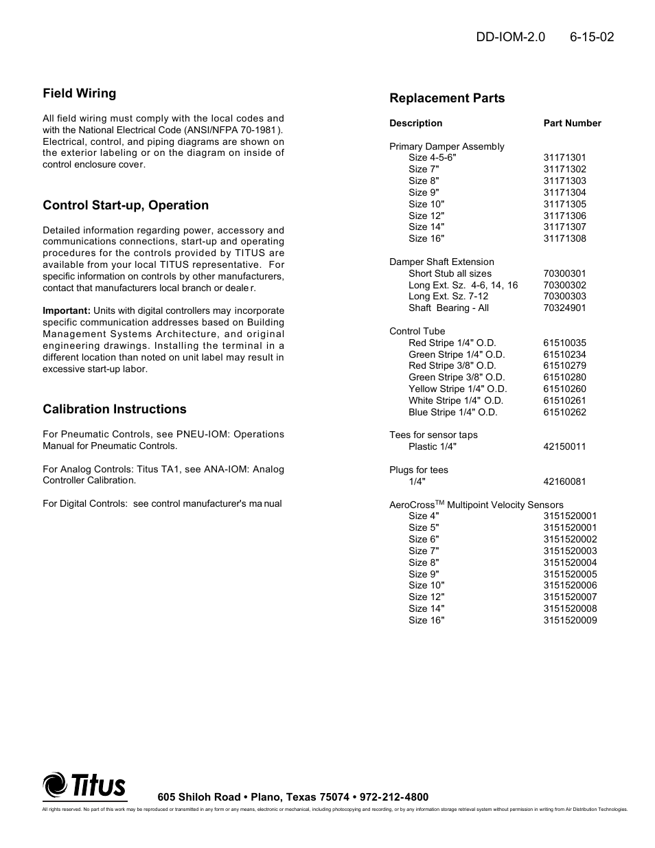 Control start-up, operation, Calibration instructions, Replacement parts | Titus Dual Duct Terminal IOM User Manual | Page 2 / 2