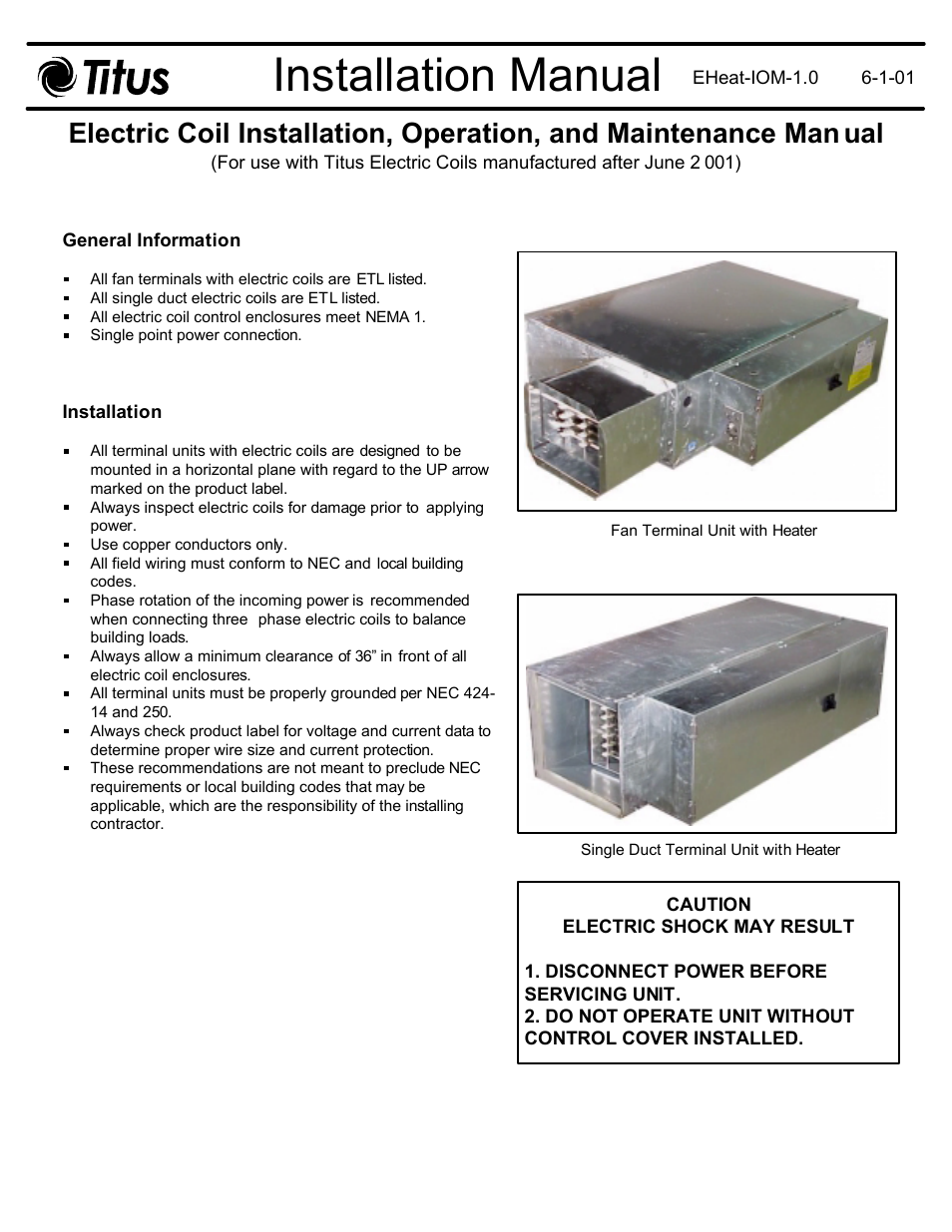 Titus Electric Heat IOM User Manual | 10 pages