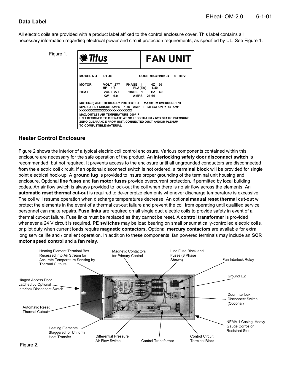 Fan unit, Data label, Heater control enclosure | Titus Electric Heat IOM User Manual | Page 2 / 10