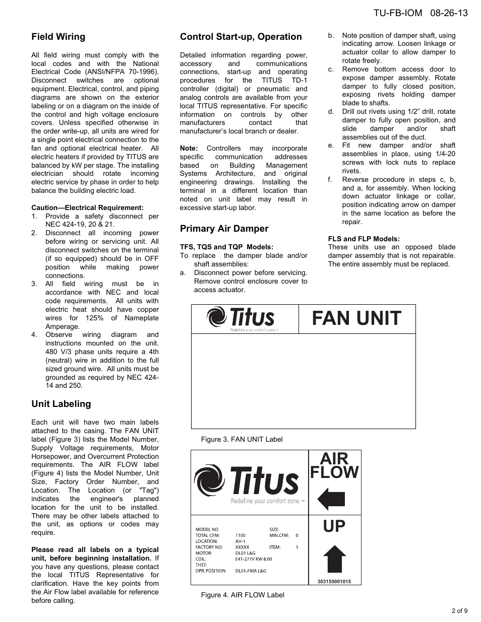 Fan unit, Air flow up, Field wiring | Unit labeling, Control start-up, operation, Primary air damper | Titus Fan Powered Term. IOM User Manual | Page 2 / 9