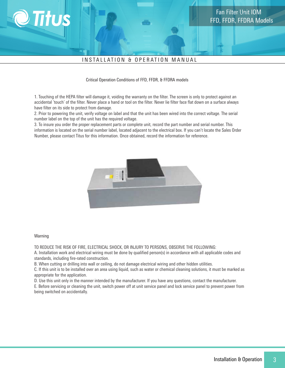 Ffd, ffdr, ffdra models fan filter unit iom | Titus FFD/FFDR/FFDRA User Manual | Page 3 / 16