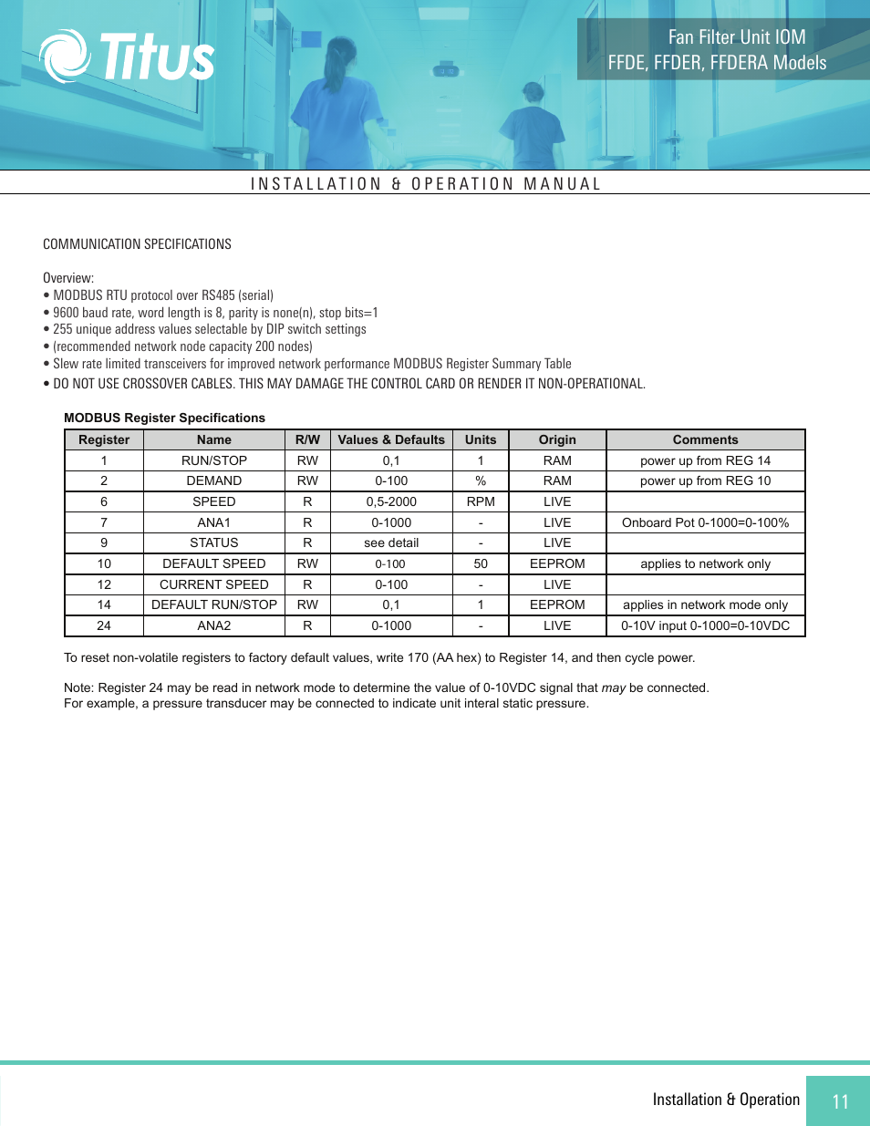 Ffde, ffder, ffdera models fan filter unit iom, Installation & operation | Titus FFDE/FFDER/FFDERA User Manual | Page 11 / 27