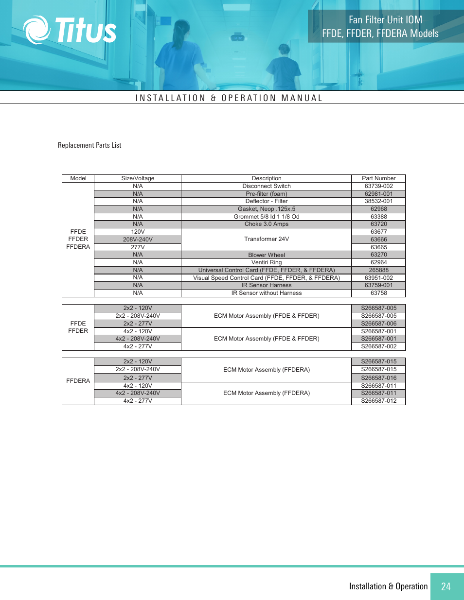 Ffde, ffder, ffdera models fan filter unit iom, Installation & operation | Titus FFDE/FFDER/FFDERA User Manual | Page 24 / 27