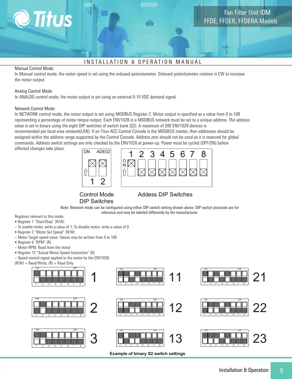 Ffde, ffder, ffdera models fan filter unit iom, Installation & operation, Control mode dip switches addess dip switches | Titus FFDE/FFDER/FFDERA User Manual | Page 9 / 27