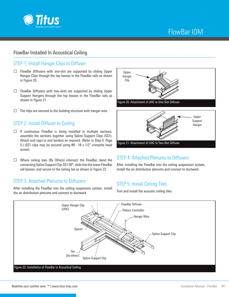 Flowbar iom, Step 2. install diffuser in ceiling, Step 3. attached plenums to diffusers | Step 4. attached plenums to diffusers, Step 5. install ceiling tiles | Titus FlowBar IOM User Manual | Page 11 / 16