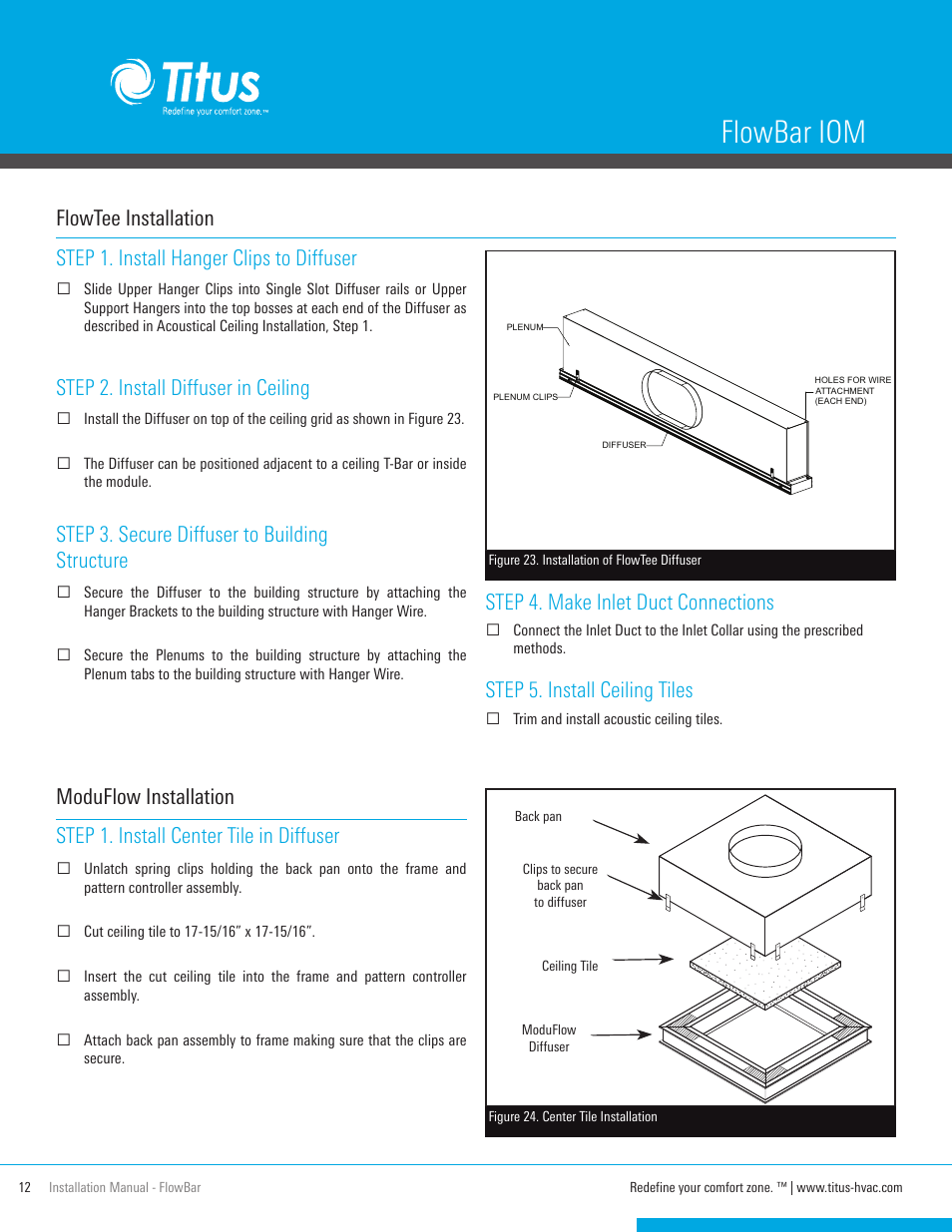 Flowbar iom, Step 2. install diffuser in ceiling, Step 3. secure diffuser to building structure | Step 4. make inlet duct connections, Step 5. install ceiling tiles | Titus FlowBar IOM User Manual | Page 12 / 16