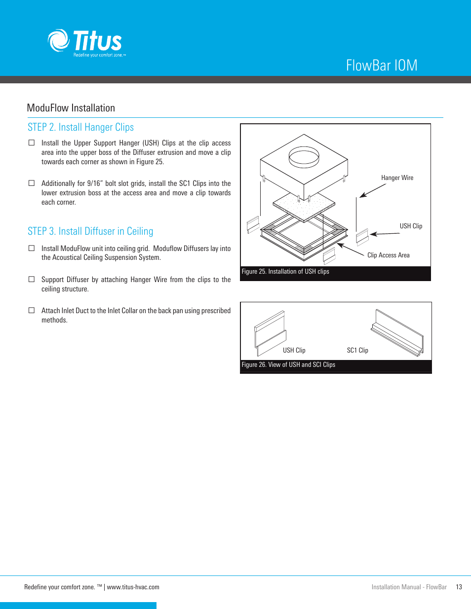 Flowbar iom, Moduflow installation step 2. install hanger clips, Step 3. install diffuser in ceiling | Titus FlowBar IOM User Manual | Page 13 / 16