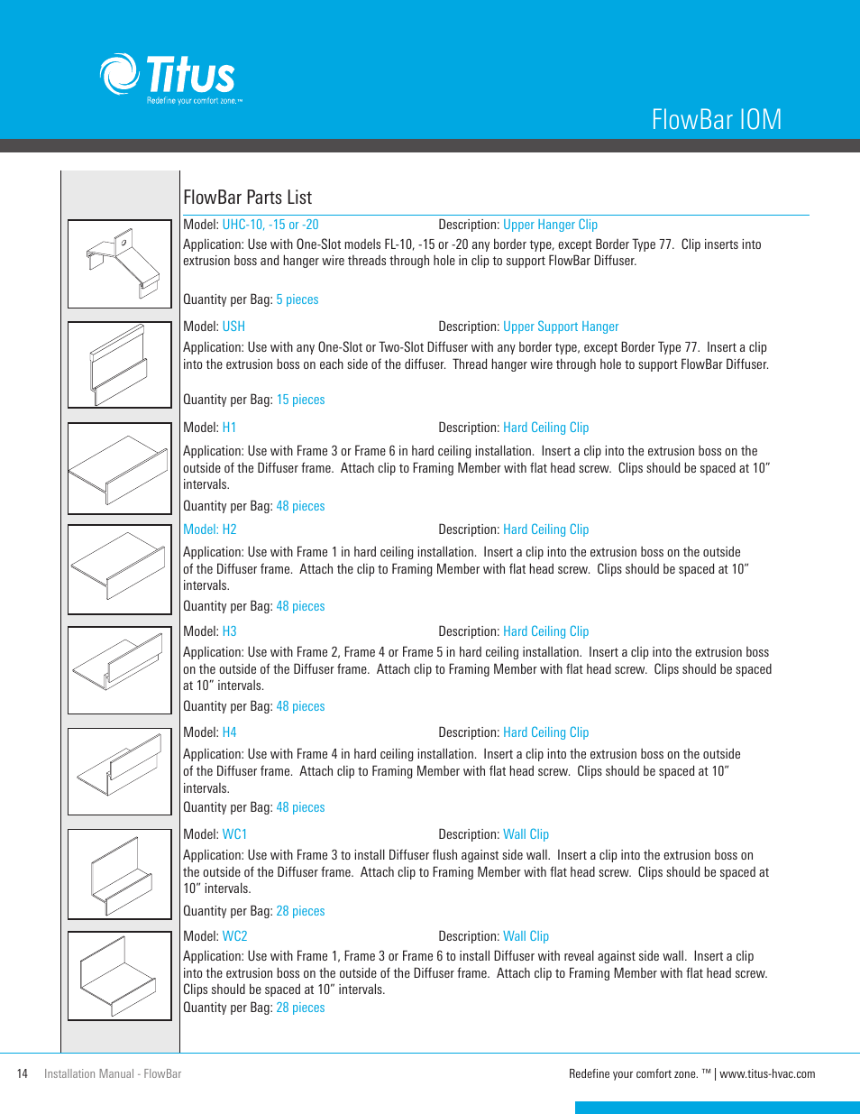 Flowbar iom, Flowbar parts list | Titus FlowBar IOM User Manual | Page 14 / 16