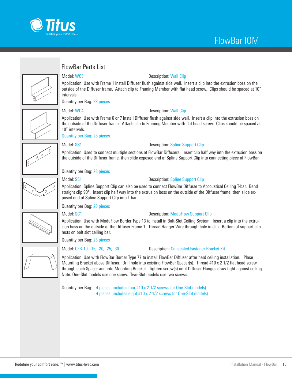 Flowbar iom, Flowbar parts list | Titus FlowBar IOM User Manual | Page 15 / 16