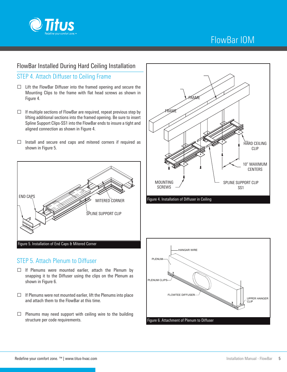 Flowbar iom, Step 4. attach diffuser to ceiling frame, Step 5. attach plenum to diffuser | Flowbar installed during hard ceiling installation | Titus FlowBar IOM User Manual | Page 5 / 16