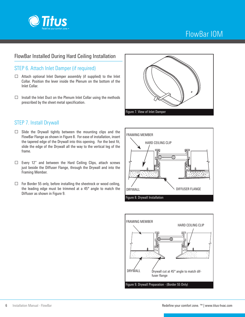 Flowbar iom, Step 6. attach inlet damper (if required), Step 7. install drywall | Flowbar installed during hard ceiling installation | Titus FlowBar IOM User Manual | Page 6 / 16