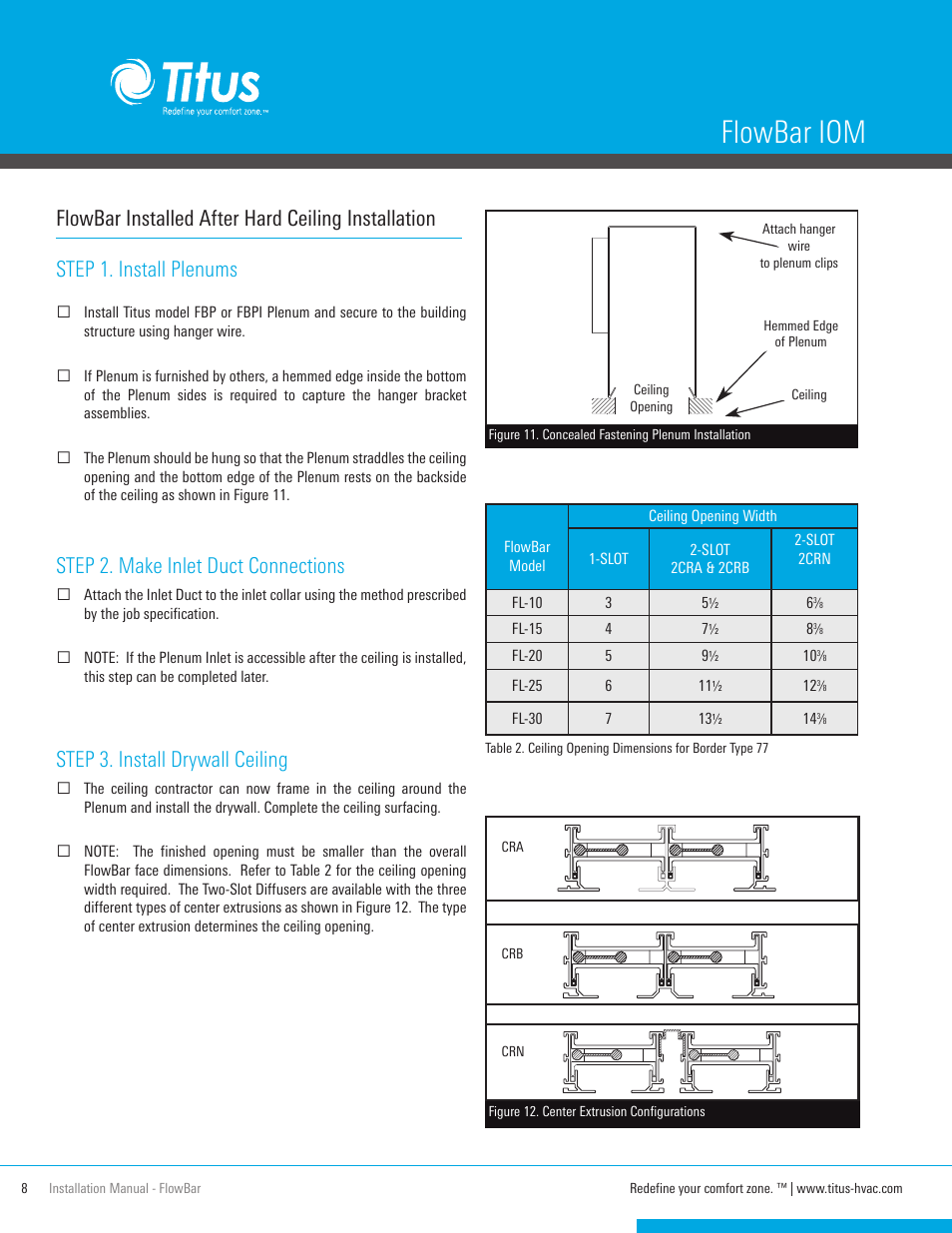 Flowbar iom, Step 2. make inlet duct connections, Step 3. install drywall ceiling | Titus FlowBar IOM User Manual | Page 8 / 16