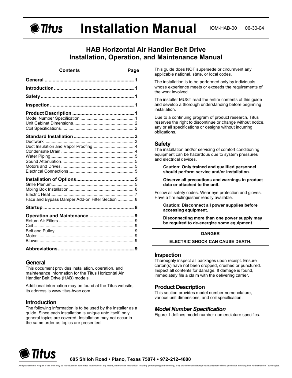 Titus HAB Horizontal Air Handler Belt Drive User Manual | 11 pages